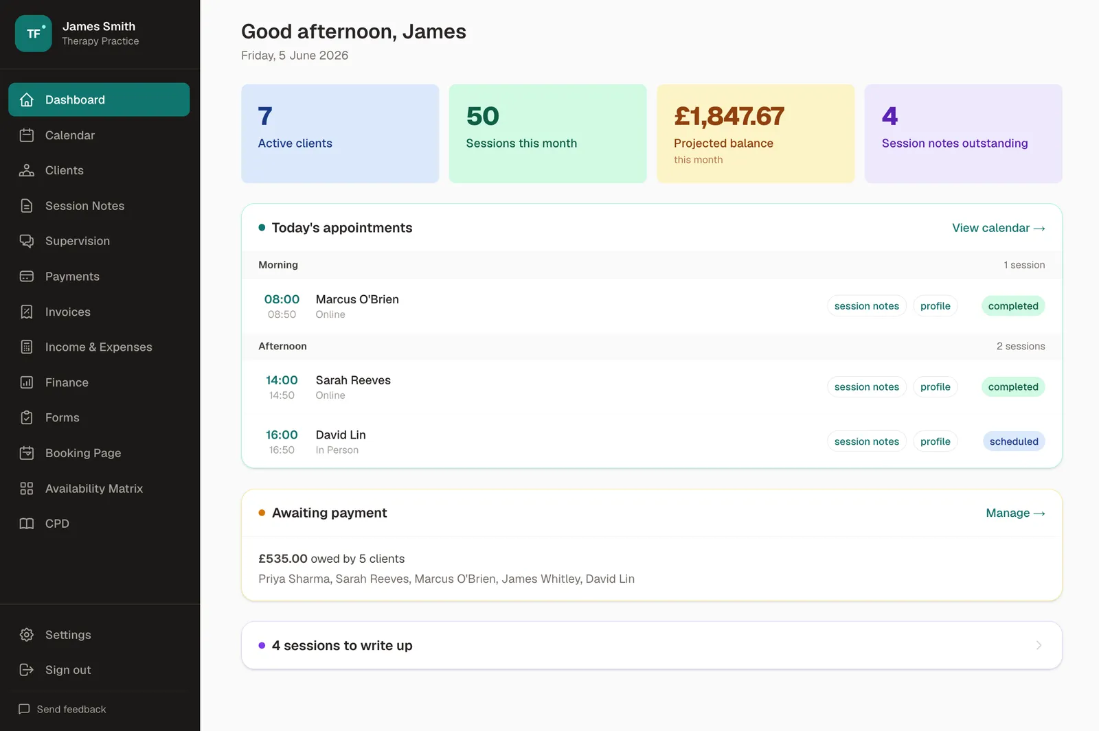 TheraFlo dashboard showing today's appointments, active clients, projected balance and awaiting payment for a UK private-practice therapist