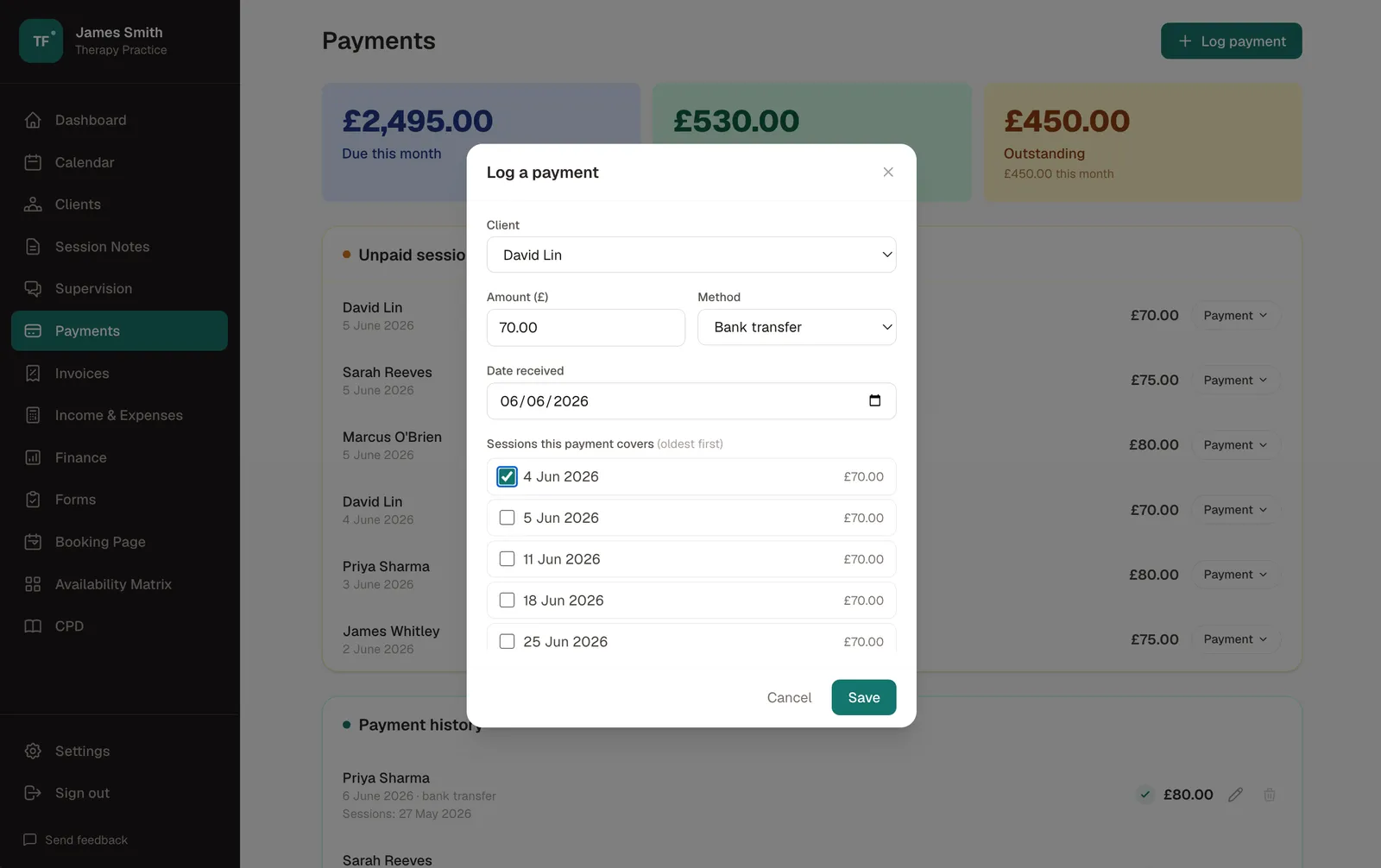 TheraFlo Payments page with the Log-a-payment dialog open over a list of unpaid sessions